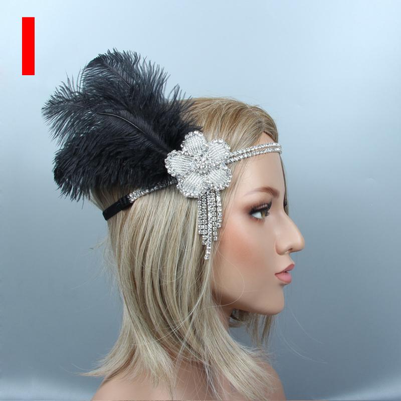 Women Cocktail Feather Headband 1920s Vintage Gatsby Party Headpiece Rhinestone Beaded Lady Black