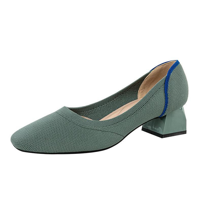 Туфли-лодочки для женщин на толстом блочном каблуке с квадратным носком, удобные вязаные туфли без застежек для ходьбы для женщин, повседневная нарядная обувь, классические офисные туфли на низком каблуке