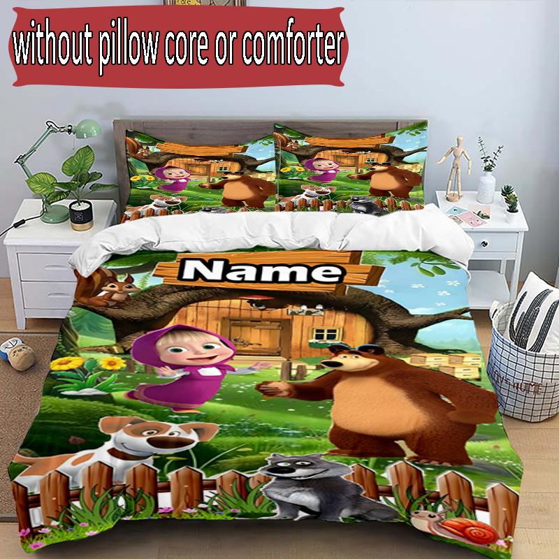 3pcs Duvet Cover Set (1*Duvet Cover + 2*Pillowcase, Without Core), Custom Name Masha and The Bear Pattern Bedding Set, Home Bedroom Decor Gift