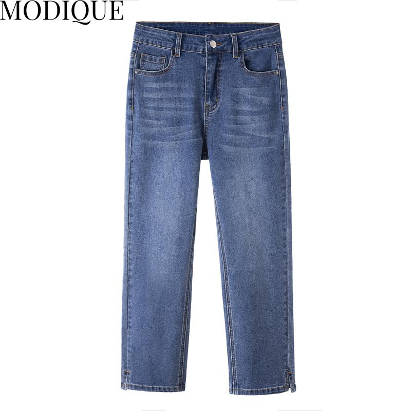 MODIQUE, весенние большие размеры, новые женские свободные винтажные прямые эластичные длинные джинсы с высокой талией, женские повседневные универсальные брюки, брюки
