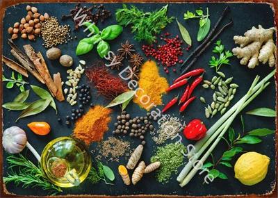 Kitchen Themed Wall Art Decor Colorful Spice and Spoon In Table Metal Tin Sign Food Cooking Ingredients Metal Art Print Decor