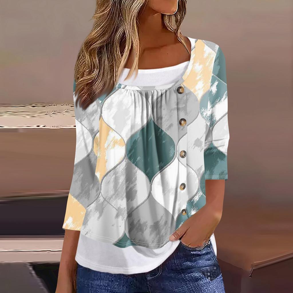 Women's T Shirt Tee Print 3/4 Sleeve Fake Two Pieces Daily Weekend Fashion Basic Regular Top