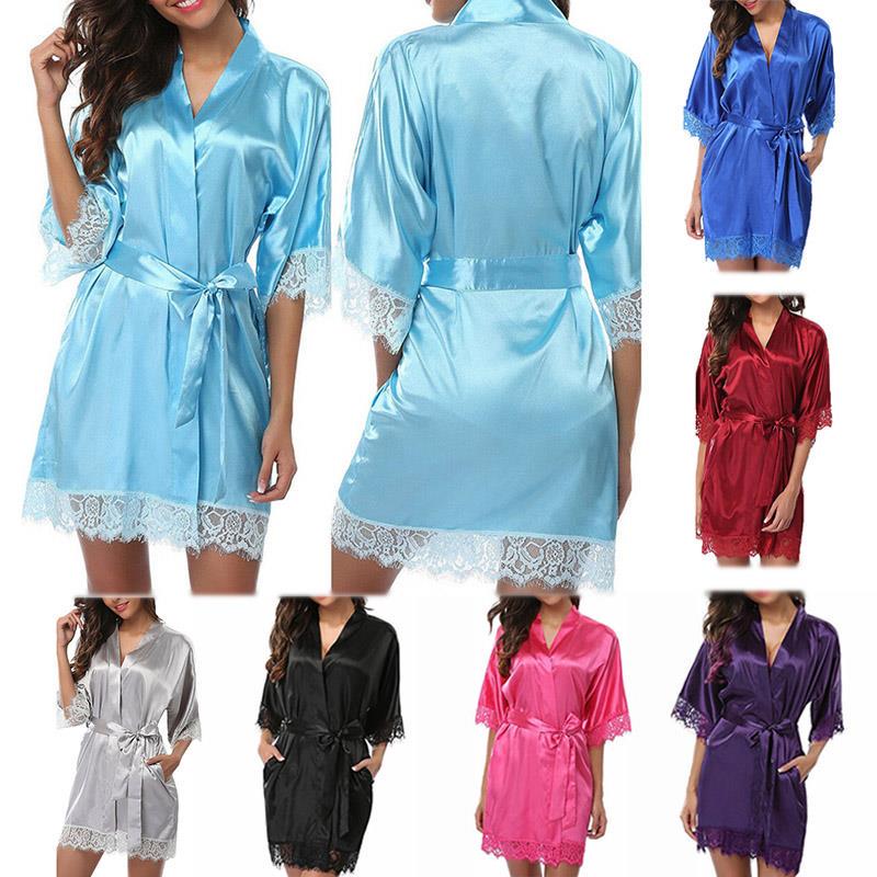 Женская летняя сексуальная ночная рубашка, однотонный шелковый атласный халат, свадебное платье подружки невесты, банный халат