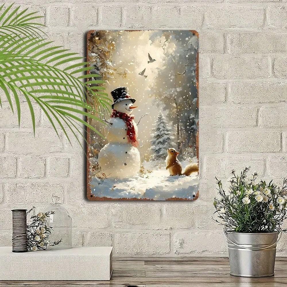 Vintage Metal Tin Wall Art Winter Snowman Squirrel Farmhouse Decor 8x12 Inch