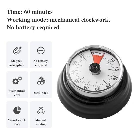 60-минутный механический таймер с магнитным основанием, портативный кухонный таймер, визуальный циферблат, звонок, оповещение, инструмент для управления временем
