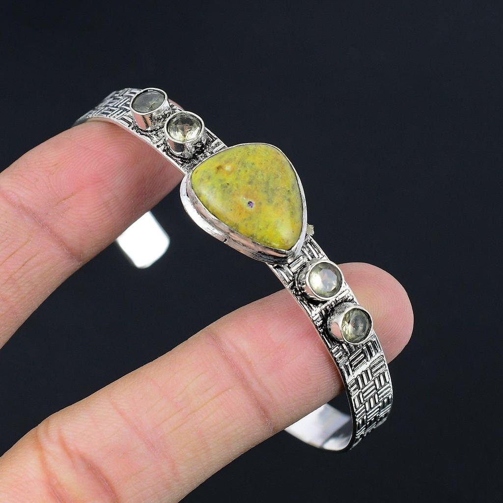 Серебро 925 пробы Камень Атлантисит Зеленый Аметист Жена Новый Браслет-Бэнгл