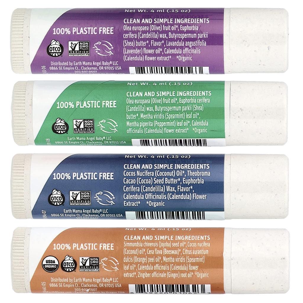 Earth Mama Lip Balm, Quadruplets, 4 Pack, 4ml (0.15oz) Each