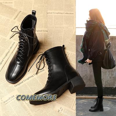 2025 Осень Зима Новые женские короткие ботинки средней длины со шнуровкой в британском стиле на толстом каблуке Модные удобные элегантные женские черные