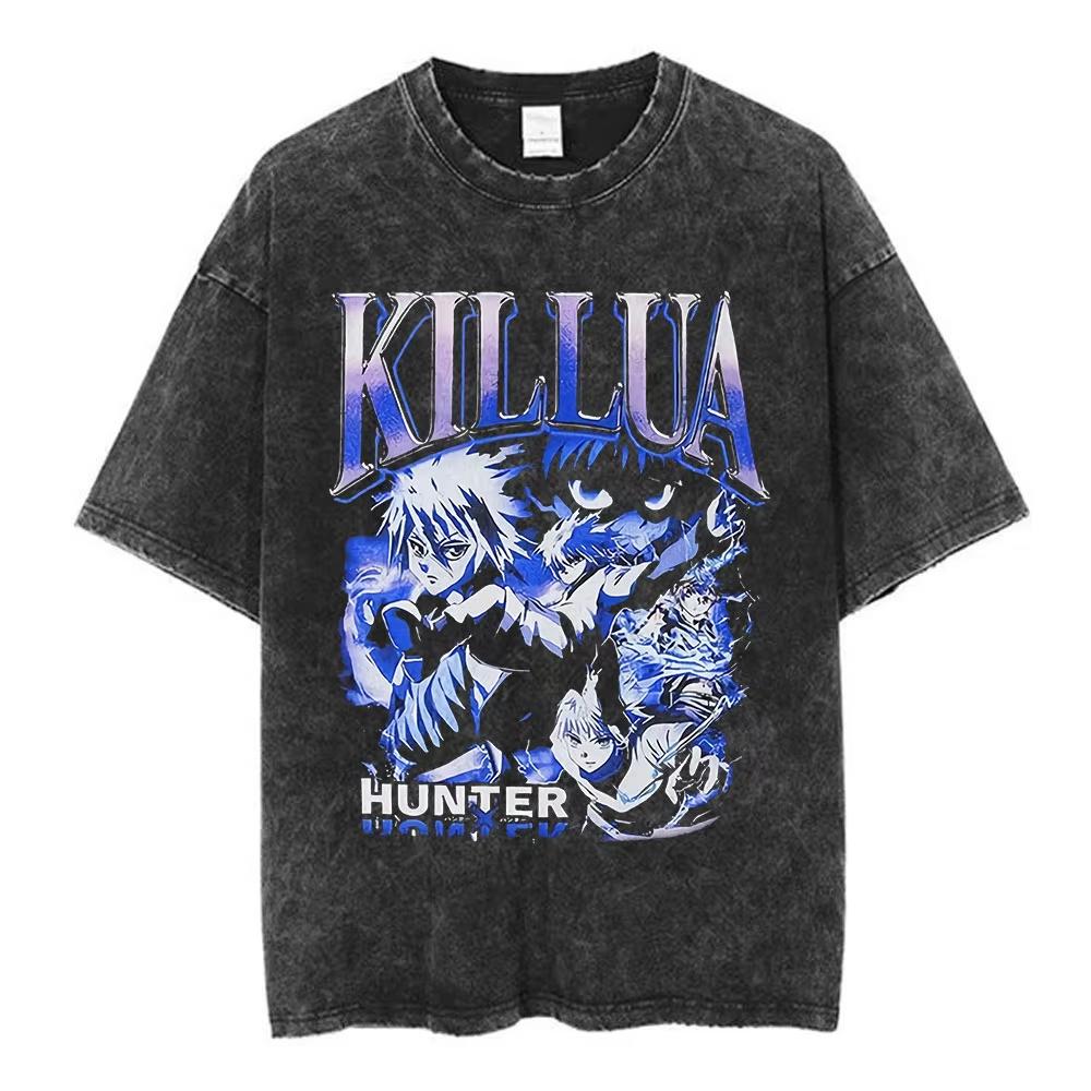 Винтажные стираные аниме-футболки Hunter X Hunter Паук Фантомная труппа Хисока Хролло Короткий рукав Мужская Женская Футболка