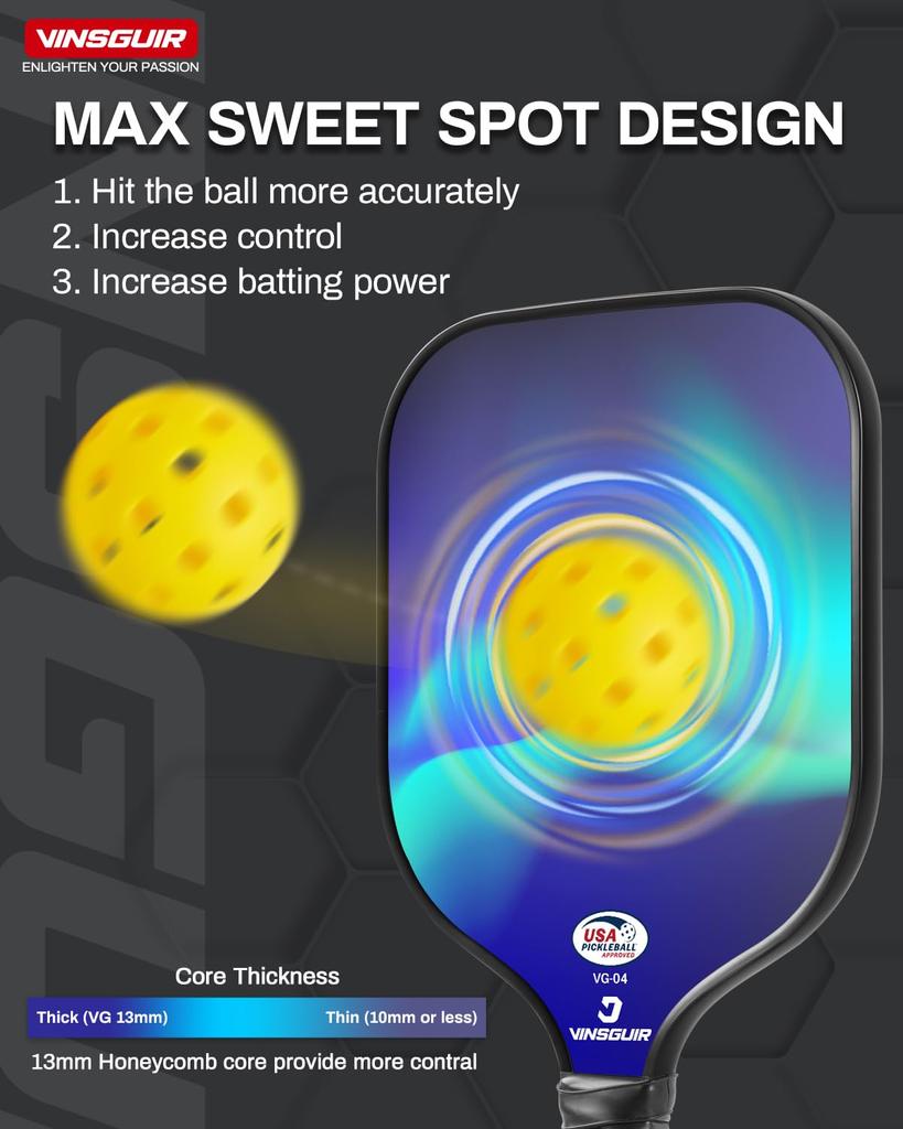 VINSGUIR Набор для пиклбола из легких ракеток из стекловолокна USAPA с сотовым ядром 4 Чехла Отлично подходит для начинающих и в качестве подарков Ракетки, 2, Одобренные, Ядро,