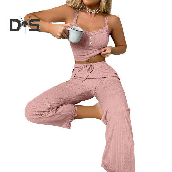 2 Pcs/Set Pants Top Suit Low-cut V Neck Sleeveless Solid Color Shirring Drawstring High Elastic Waist Lace Women Summer Pajamas Set Homewear Tank Top