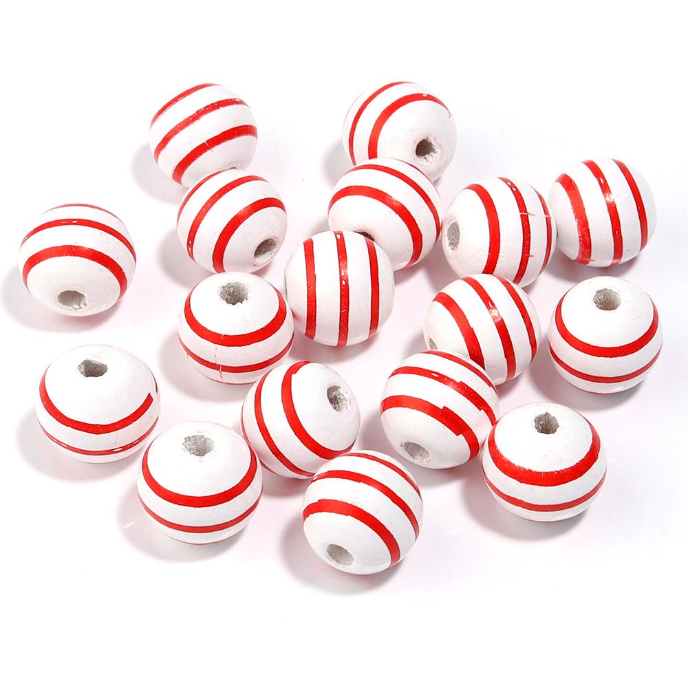 20Pcs 16mm Natural Wood Beads Colorful Stripe Heart  Printing Large Hole Round Beads DIY Craft Bracelet Kid's Toy  Accessories