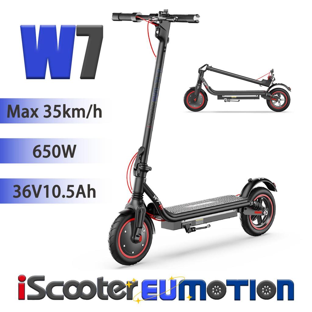iScooter W7 Urban Electric Scooter for Adults 650W Motor, 36V10.5Ah Battery, 8.5" Road Tires, Rear Disc Brake, Full Suspension, APP Control