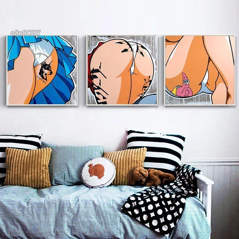 Comic Manga Girl's Butt Pictures Canvas Wall Art Posters Modern Hotel Room Home Bathroom Cartoon Wall Decor Mural Cuadros Art
