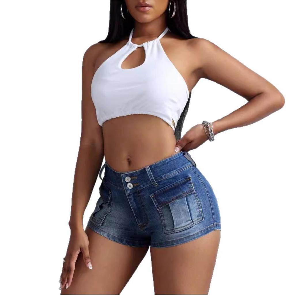Европейская и американская мода Женские полуэластичные джинсовые шорты с большими карманами