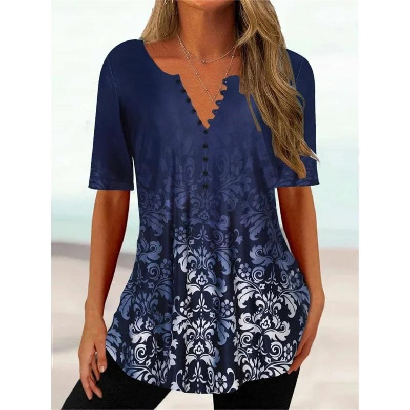 Trendy And Cool Women's Summer Loose V-neck Pullover Short-sleeved Button Printed T-shirt