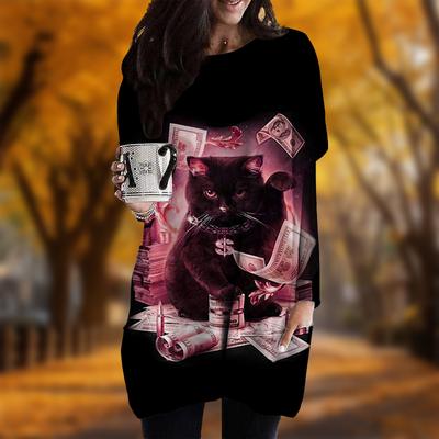 Новинка осени Wealthy Cat Print Plus Size Dress Women O'neck Long Sleeves Casual Pocket Dresses