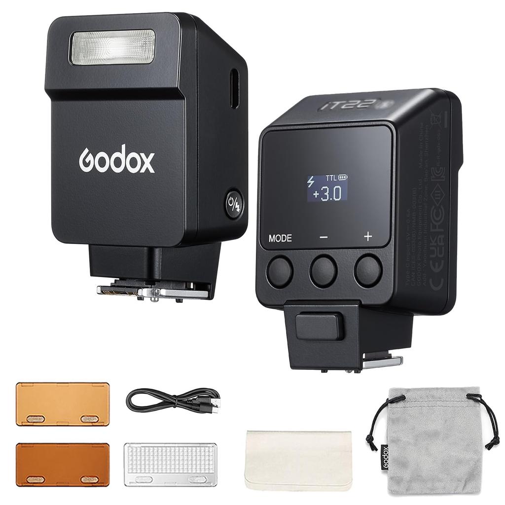 Godox TTL Mini Camera Flash for Intuitive Recycle Approximately 700 Compact Black iT22-N Nikon, Display, 1.5-Second Time, Built-in USB-C Charging,