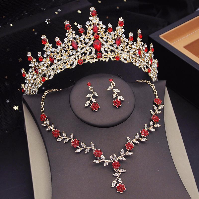 3 Pcs Pink Bridal Jewelry Sets for Women Crown Flower Choker Necklace Earring Wedding Tiara Bride Costume Accessories