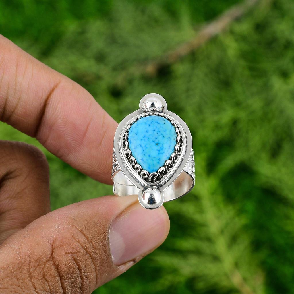 Natural Tibetan Turquoise Gemstone Promise Adjustable Ring 925 Sterling Silver