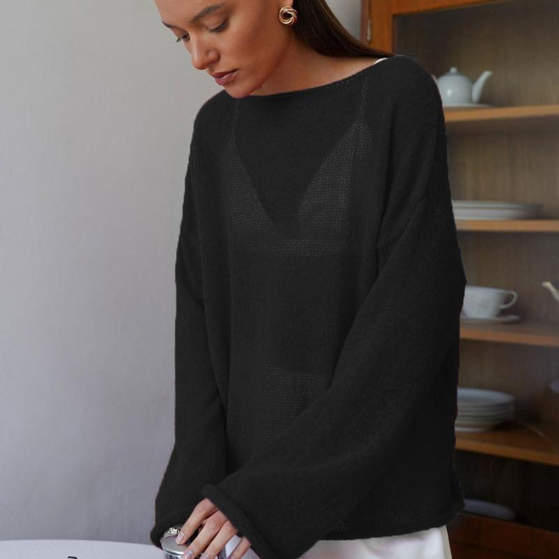 Fashion Hollow Loose Knitted Pullovers T-shirt Women Tops Spring Round Neck Flare Sleeve Women T Shirts Casual Autumn Thin Perspective Sexy Tee 25946