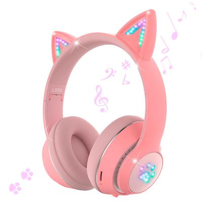 Милые наушники с кошачьими ушками, беспроводная Bluetooth-стереогарнитура для спорта со светодиодной подсветкой, интеллектуальное регулирование шума, подходят для детей, для звонков, проводные и беспроводные