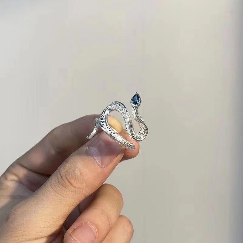 Sea Blue Topaz Snake Opening Ring with Creative Niche Design, Ins Cool Style Ring
