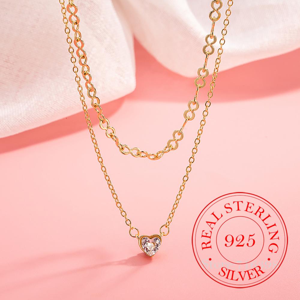 Серебряная цепочка 925 пробы с 2-ярусным кулоном в виде сердца для женщин, чокер, свадебные, помолвочные украшения, подарок