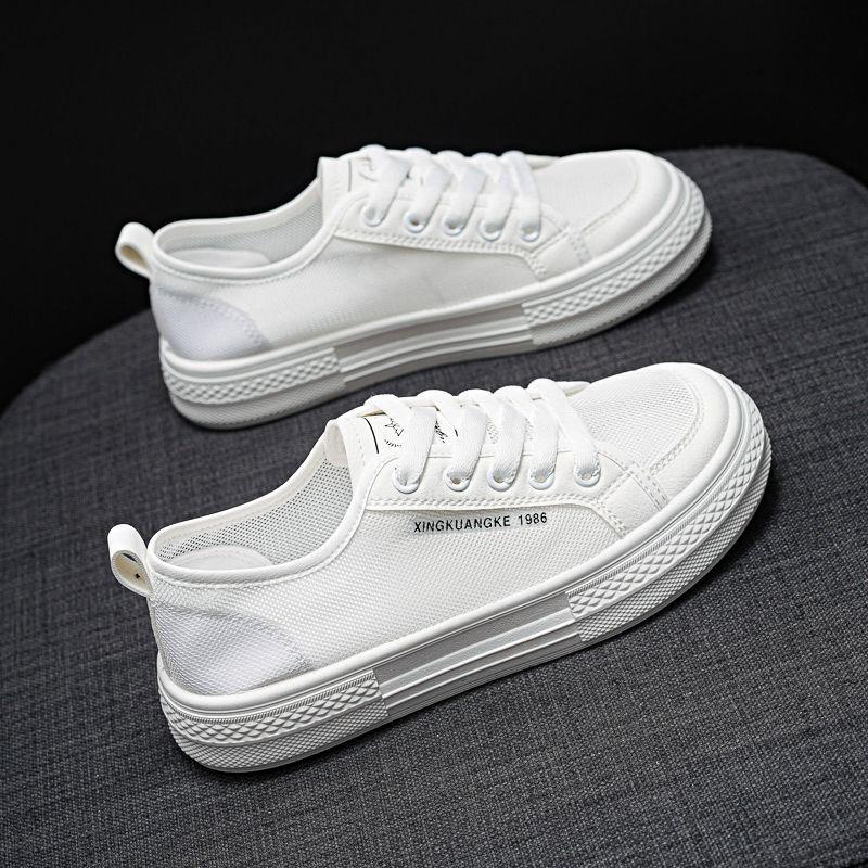 Canvas Shoes Women's Thick-Soled Biscuit Shape Shoes Spring and Summer New Versatile Heightened Muffin Mesh Breathable White Shoes