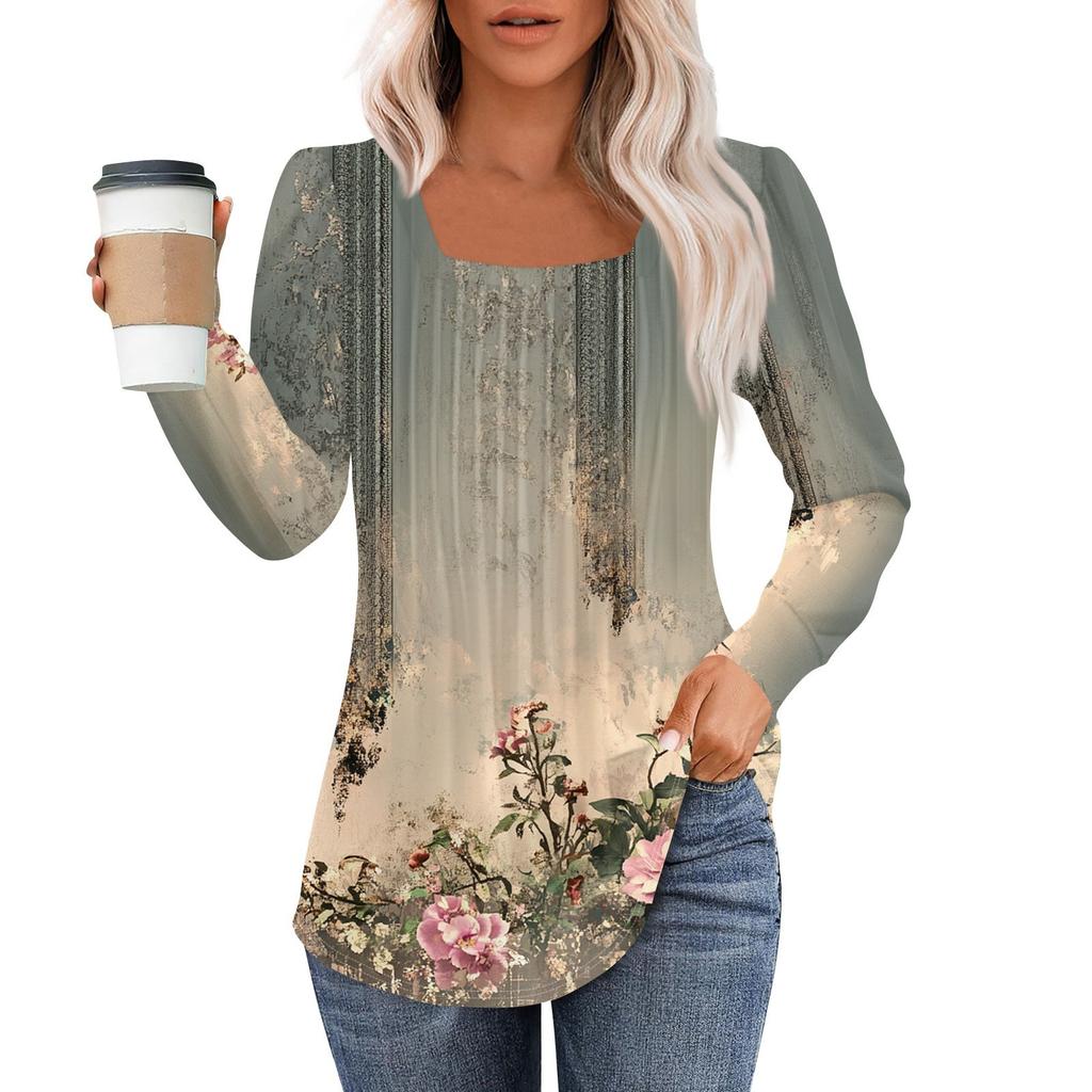 Long Sleeve Shirts For Women Tops Dressy Casual Blouses Pleated Square Scooped Neck Tunic Tops
