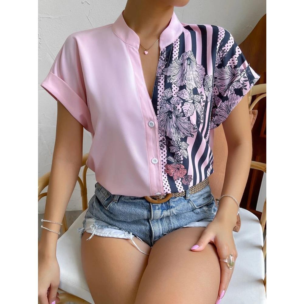 GMXIA Летняя женская повседневная рубашка с полуоткрытым воротником и модным принтом в стиле пэчворк