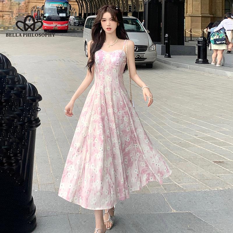 French Blue Oil Painting Long Dress Beach Dress Floral Sling Dress Women's Summer Fairy Style Casual Party Dress