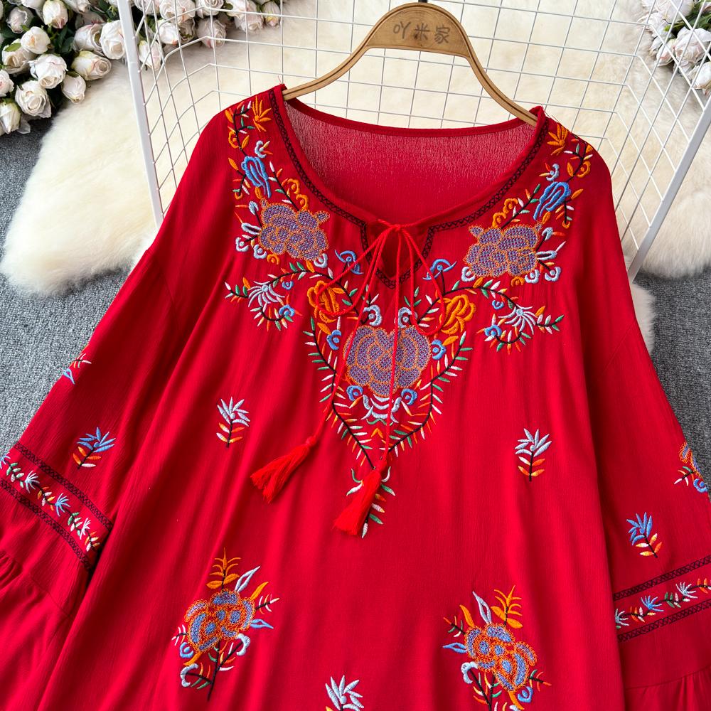 Блузки с вышивкой в богемном этническом стиле, блузка с расклешенными рукавами на шнуровке и круглым вырезом, летние топы для пляжного отдыха и отдыха