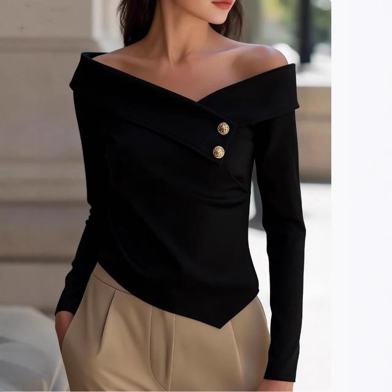 Women S Elegant Off Shoulder Long Sleeve Solid Knit Top