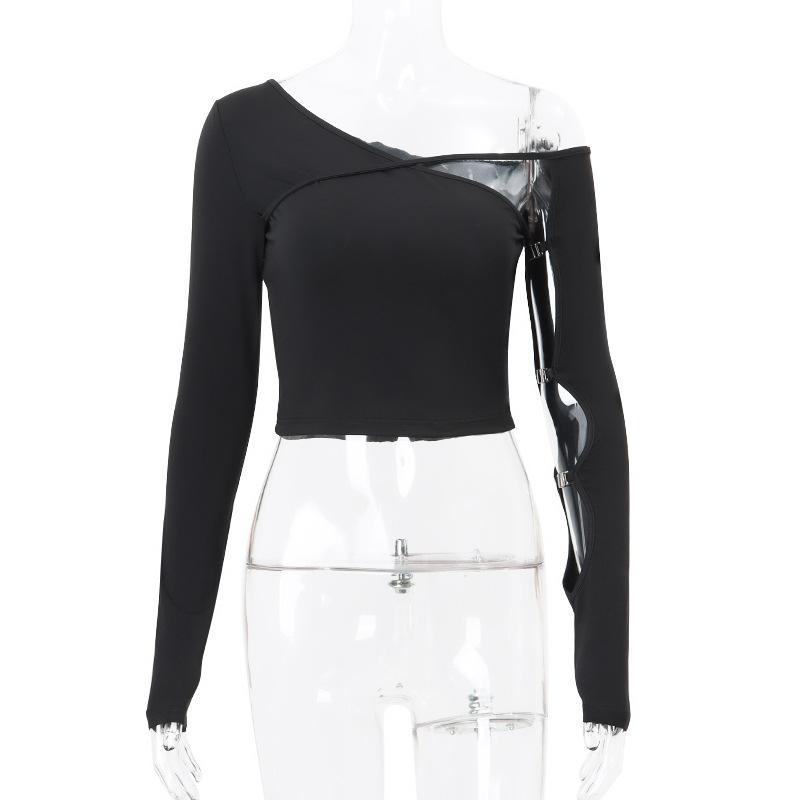 Готический гранж, новый модный дизайн, женские топы с диагональным воротником, тонкий пуловер, повседневная шикарная футболка с длинными рукавами, женская