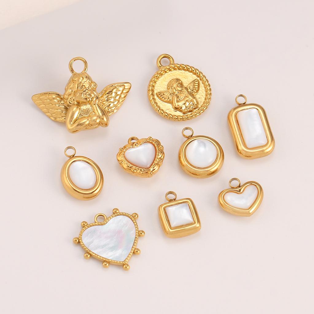 3Pcs Natural Sea Shell Hearts/Angel/Square Shape Charms Stainless Steel Gold Color Pendants DIY Necklace Bracelet Jewelry Making