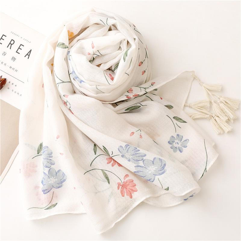 Женский элегантный и свежий хлопковый льняной шарф на ощупь с белым цветочным принтом, украшение ручной работы, кисточка, шарф, шаль