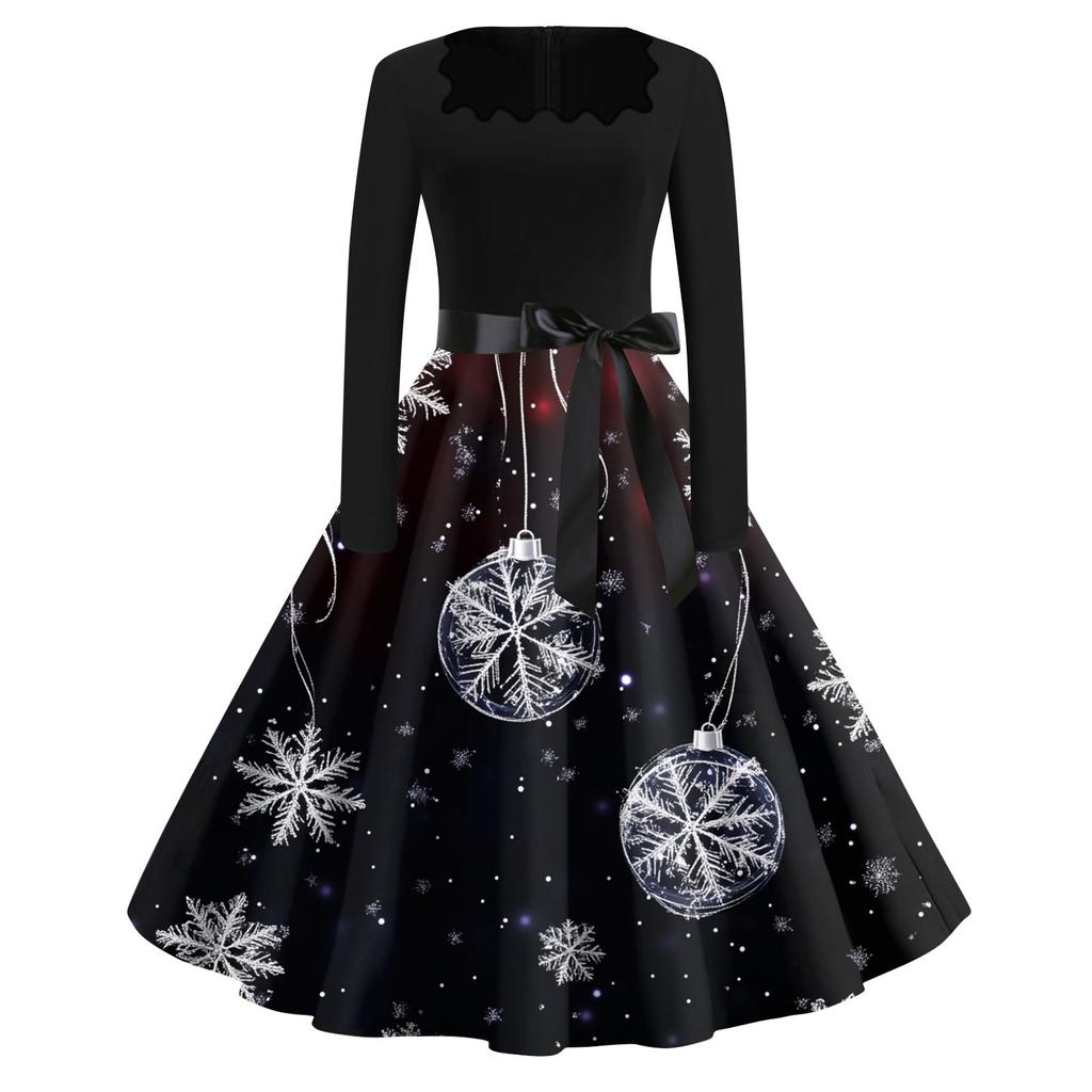 Women's Fashion Casual Square Neck Slim Christmas Printed Long Sleeve Dresses