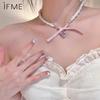 Pink Zircon Heart Bow Necklace Sweet Artificial Pearls Bead Chain Choker for Women Jewelry Accessories