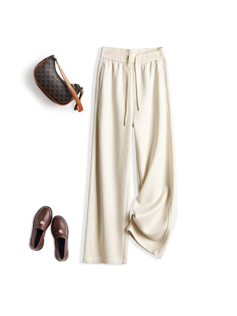 Женские светло-серые шерстяные брюки с высокой посадкой и широкими штанинами - Повседневные осенние прямые спортивные брюки длиной до пола