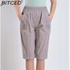 BITCED Летние женские брюки прямого кроя с эластичной талией, для женщин среднего и пожилого возраста, с высокой посадкой, из стираного хлопка, укороченные брюки больших размеров
