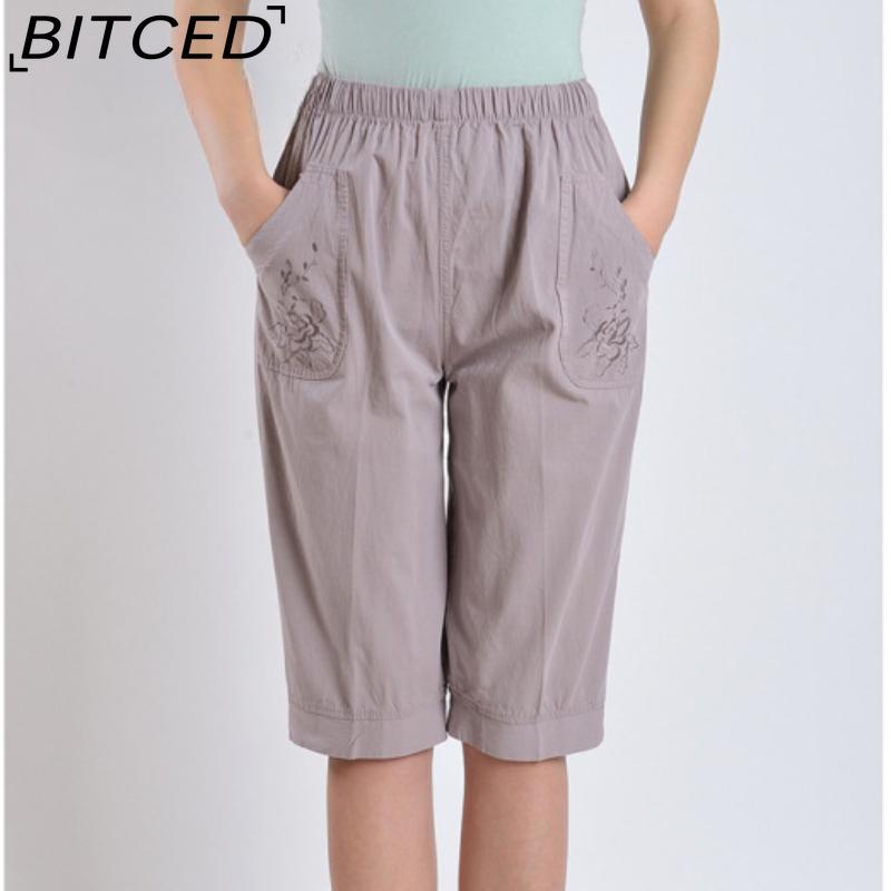BITCED Летние женские брюки прямого кроя с эластичной талией, для женщин среднего и пожилого возраста, с высокой посадкой, из стираного хлопка, укороченные брюки больших размеров