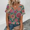 2024 женская футболка с v-образным вырезом в стиле ретро, ​​футболка с цветочным принтом кешью, летняя модная популярная футболка с короткими рукавами для отдыха