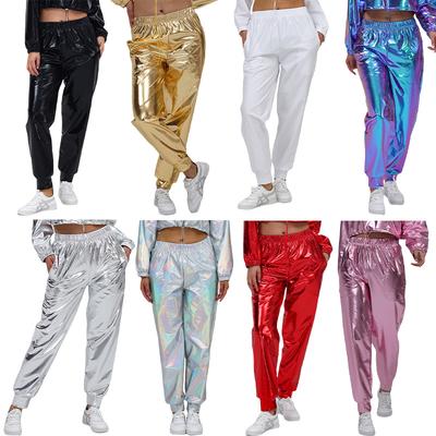 Женские блестящие металлические брюки-джоггеры, повседневные шаровары с высокой талией, голографические брюки в стиле хип-хоп, уличная одежда