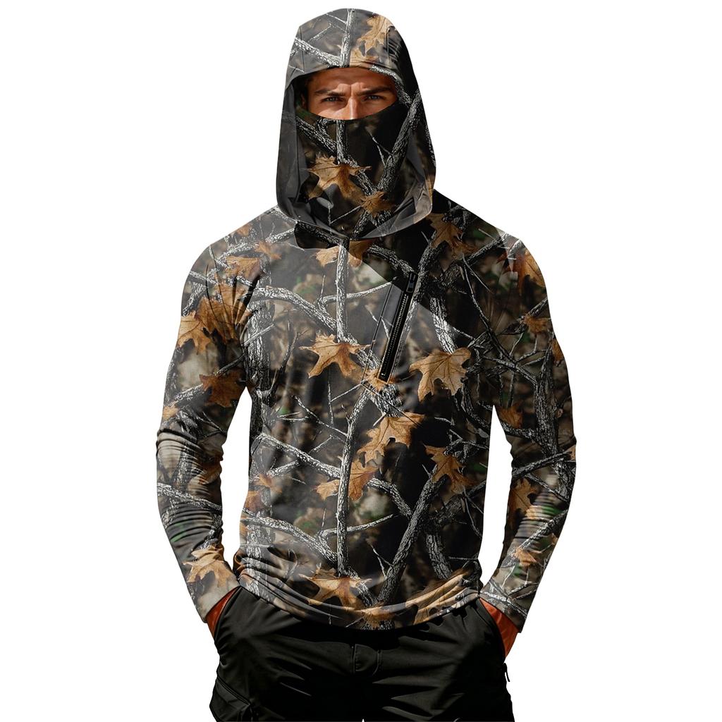 Men’s Casual Hooded Long Sleeve Sun Top with Leaf Camouflage Print and Zippered Chest Pocket for Outdoor Activities