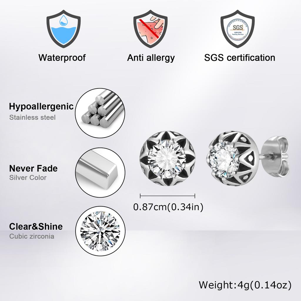 Stainless Steel Round Zircon Stud Earrings Hypoallergenic Metal Small Earrings for Men Stylish Hip Hop Jewelry Gift