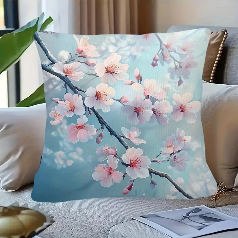 1pc Pink Cherry Blossom Floral Pillowcase, Soft and Comfortable Polyester Short Plush Fabric, Single-Sided Print, Pillow Insert Not Included. Multiple