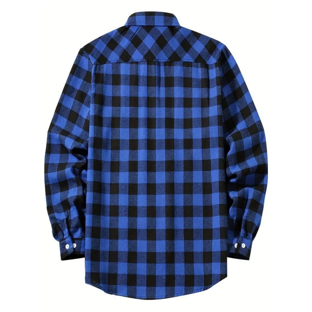 Мужская повседневная рубашка в клетку свободного кроя с воротником и карманами - Длинный рукав