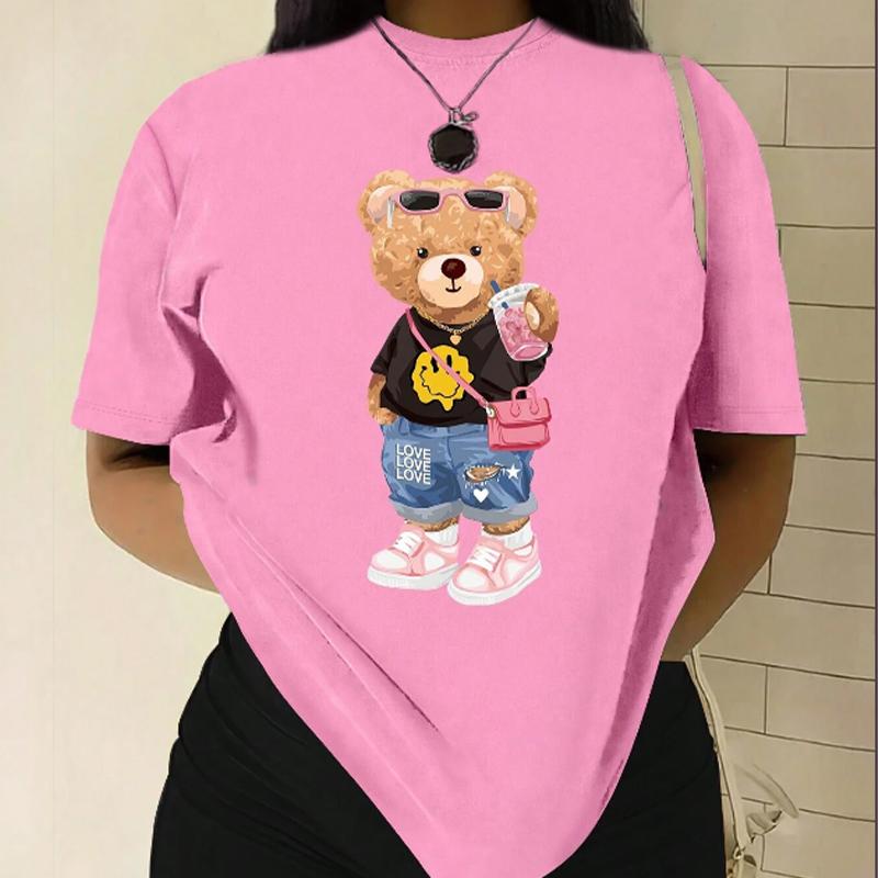 Модная женская футболка с милым мультяшным плюшевым мишкой, забавная повседневная футболка с круглым вырезом и короткими рукавами, летняя женская футболка