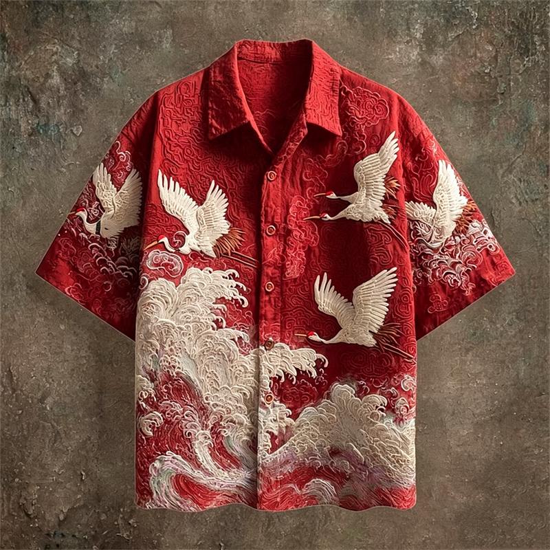 New Dark Green Embossed Dark Pattern Fabric with Flying Crane and Wave Printing for Men's Casual Short Sleeved Shirt